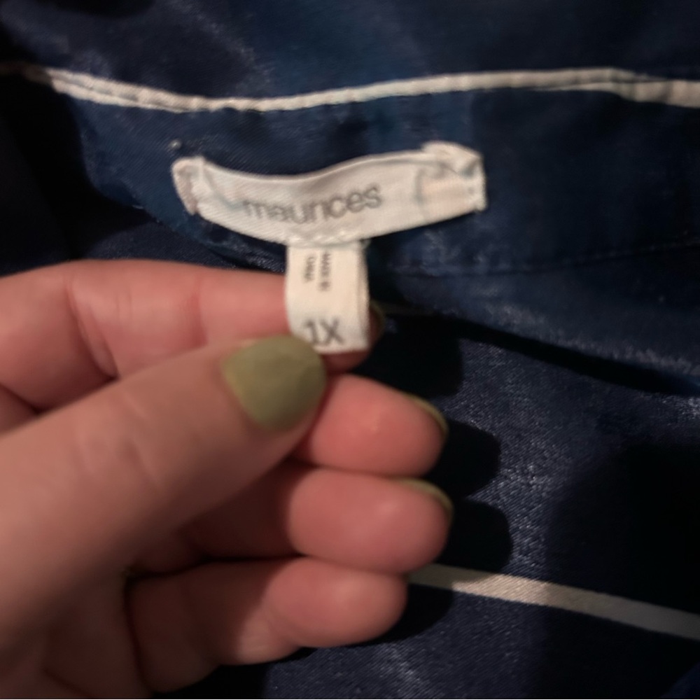 Maurices Navy Blue White Stripe Button Down Blouse – Size 1X Satin-like Sheen - Picture 7 of 8